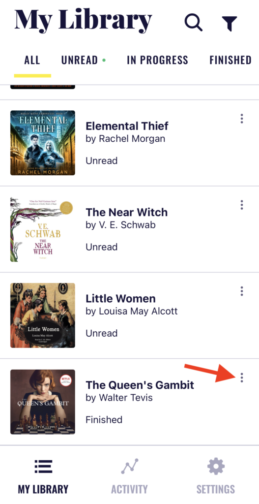 The Chirp library in the app, with an arrow pointing to the actions menu, which appears as 3 vertical dots to the right of the book’s title.