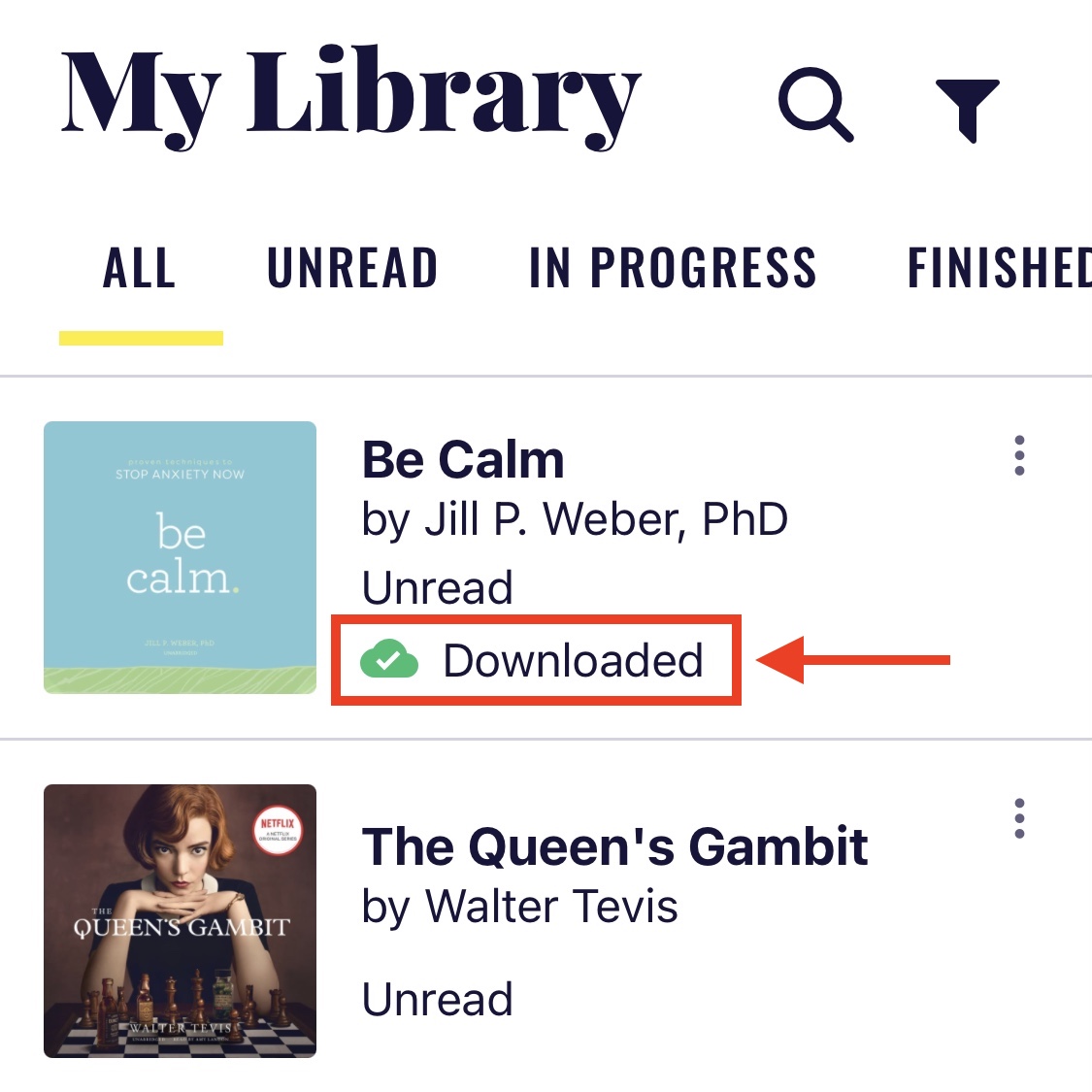 The Chirp app library with a red arrow pointing to the Downloaded message