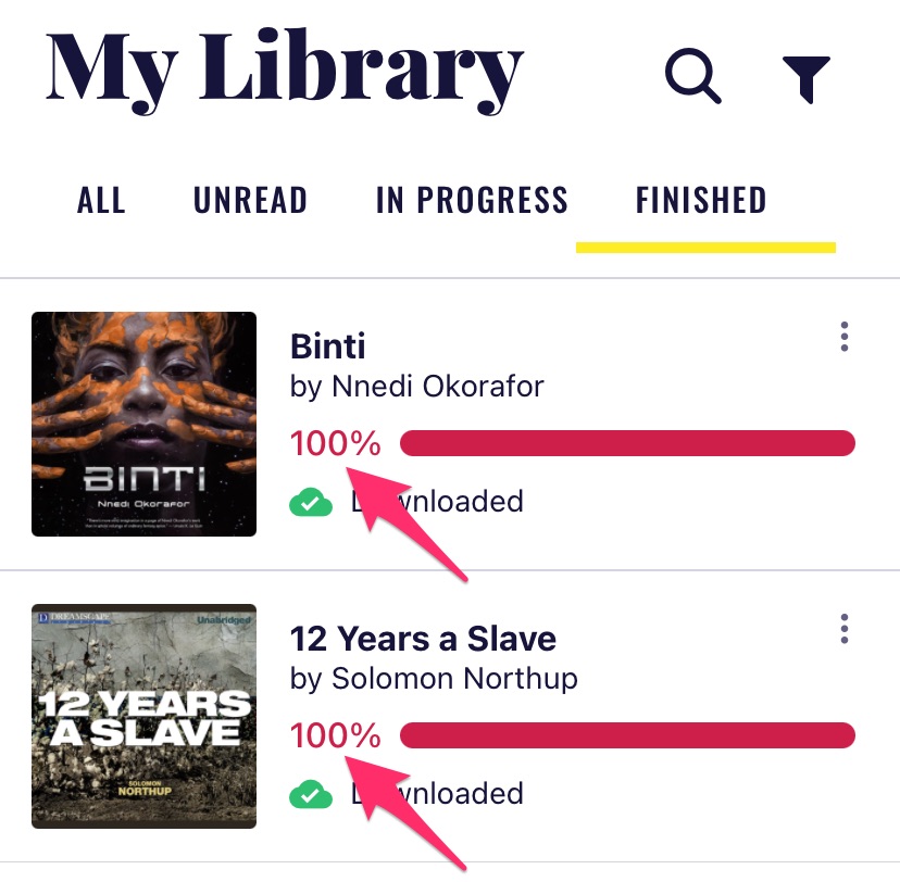 Books that have been listened to in the Chirp app, showing 100% completion