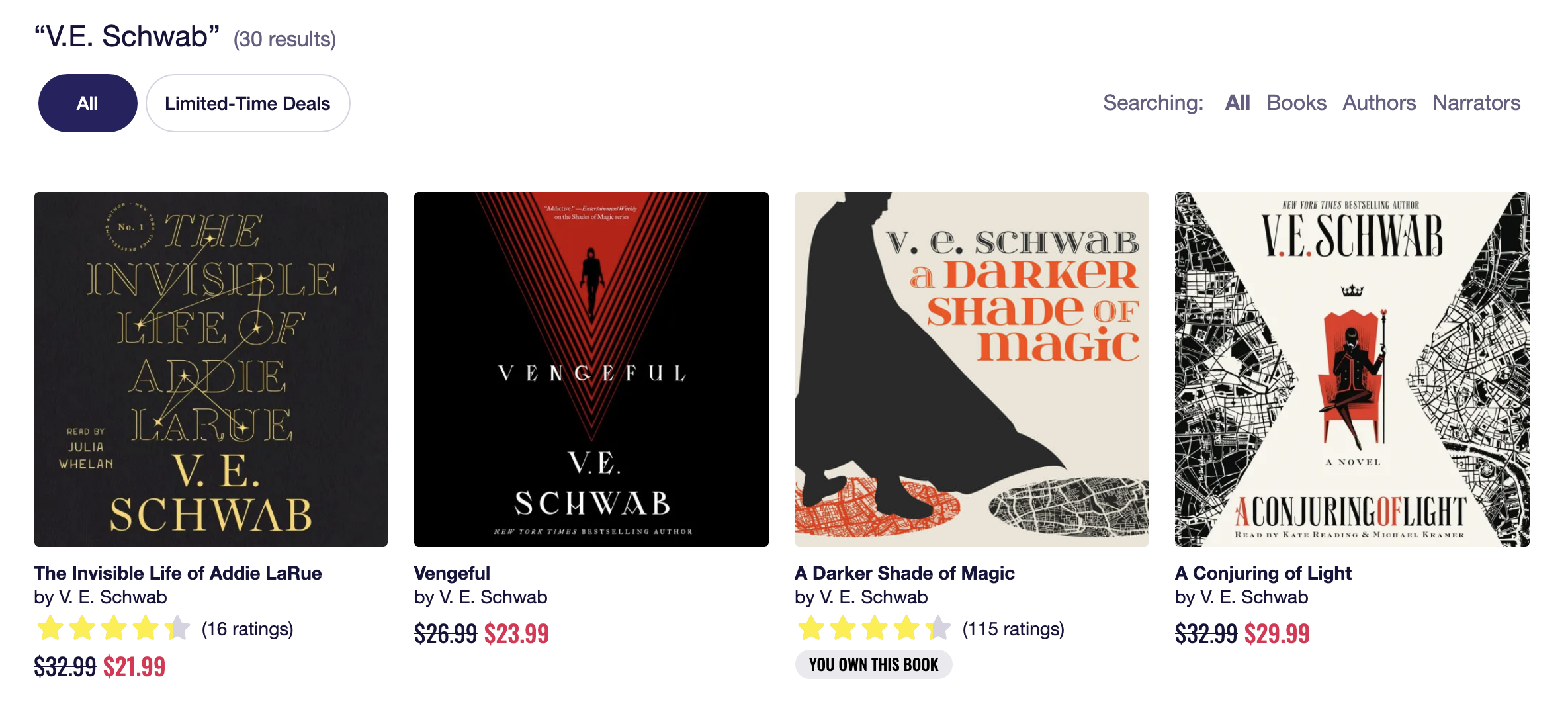 a row of search results for author V.E. Schwab
