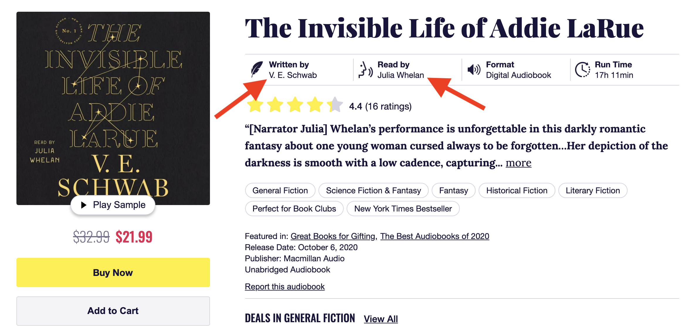 the Chirp page for the book The Invisible Life of Addie LaRue by V.E. Schwab, with red arrows pointing to the author’s name and narrator’s name