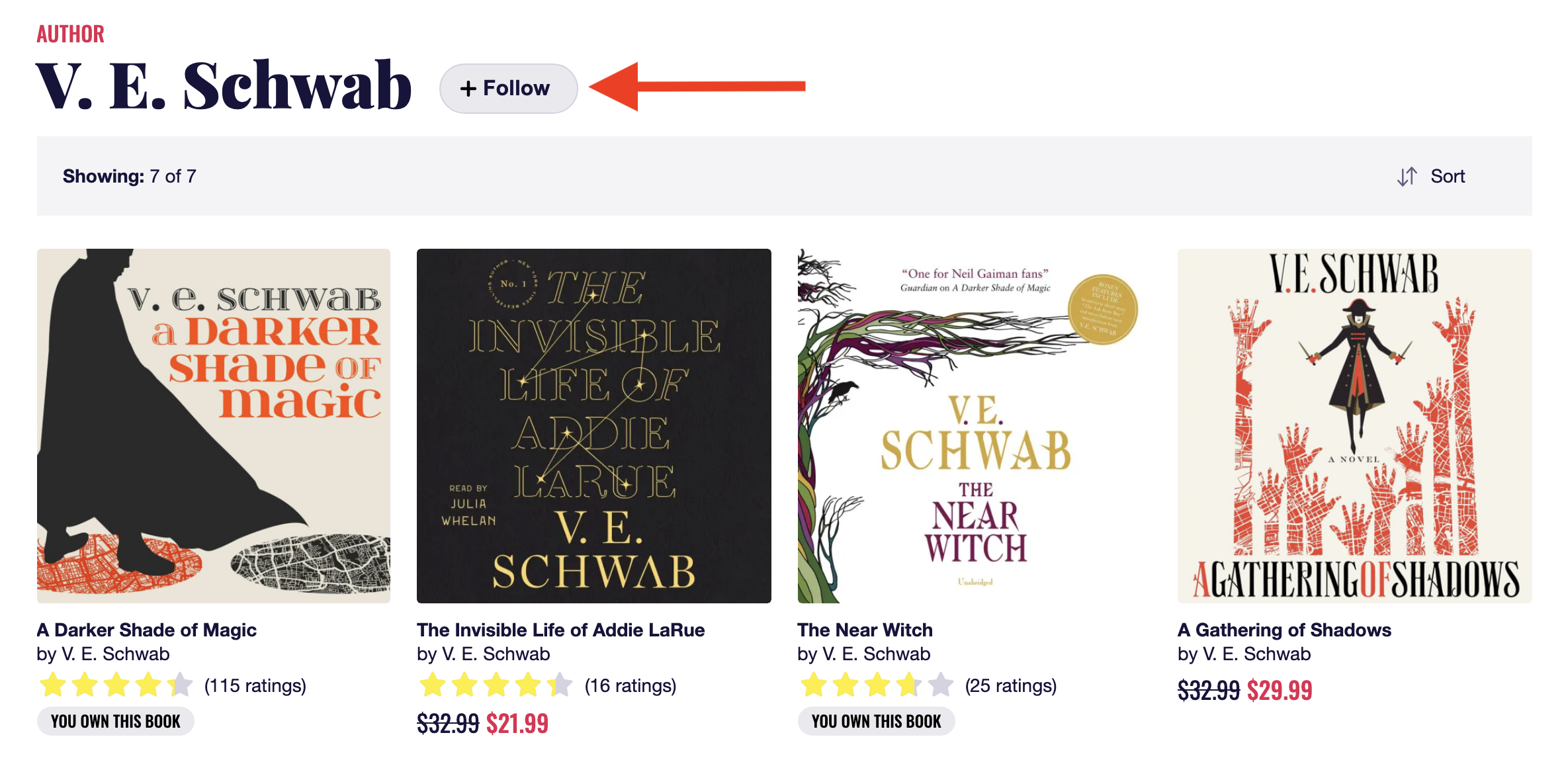 V.E. Schwab’s author page on Chirp, with a red arrow pointing to the follow button