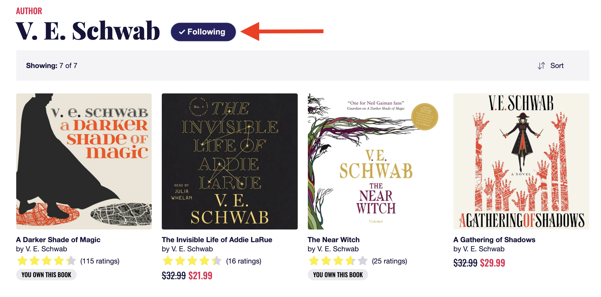 V.E Schwab’s author page on Chirp, which is now followed. A red arrow points to the now checked follow button.