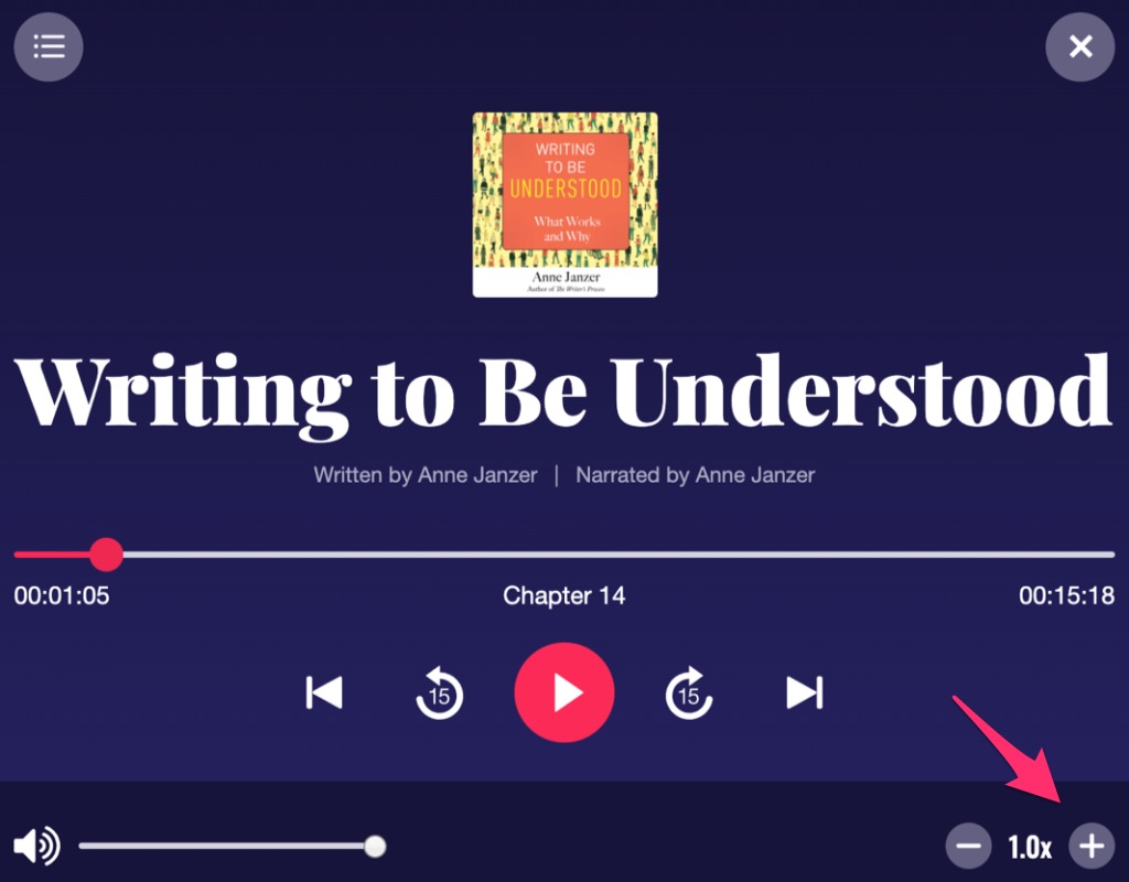 The Chirp web player with a red arrow pointing to the speed adjustment menu on the bottom right corner of the screen