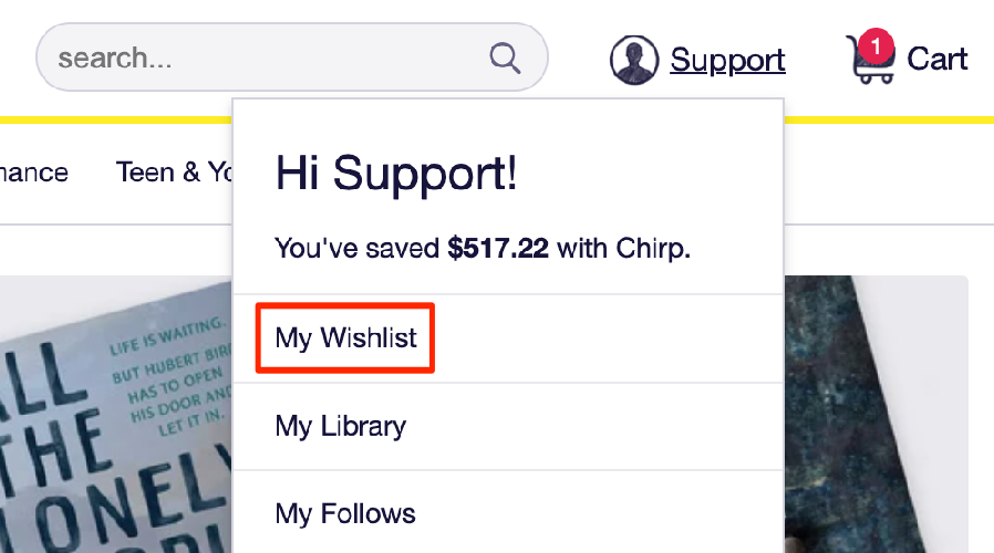 location of My Wishlist on upper-right corner of Chirp website